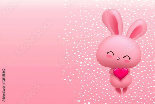 Happy cartoon bunny holding pink heart. Valentines day design with space for text