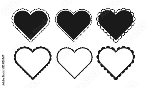 Set of scallop frame heart shape. Vintage element for greeting card. Simple Badges with Zig Zag Borders. Wiggly black Stickers Shapes