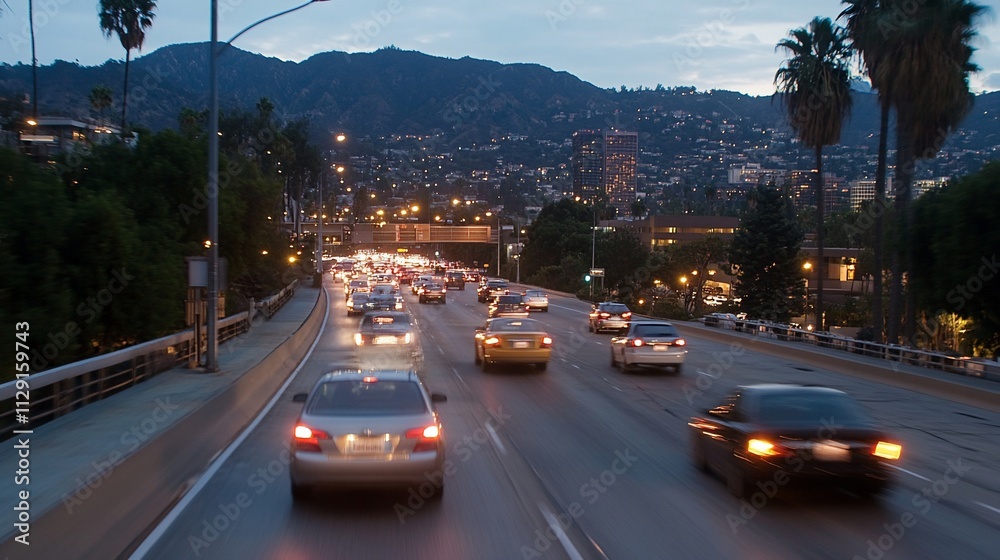 Evening traffic on a busy highway with city lights and mountains. Evening traffic on a busy highway with city lights and mountains.
