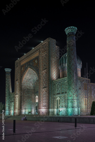 Uzbekistan - Samarkand - Registan - Sherdor Madrasa by night photo