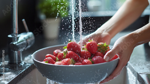 Fototapeta Naklejka Na Ścianę i Meble -  Closeup of the woman holding the gray bowl with strawberries and berries above the kitchen sink, washing the healthy and sweet summer fruits with water from the faucet.