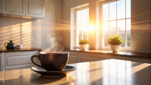 Wallpaper Mural A steaming cup of tea sits on a wooden table in a sunlit kitchen, the window behind casting warm rays of light across the surface Torontodigital.ca