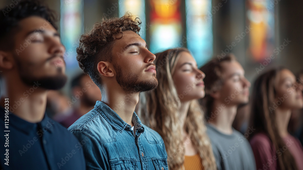 Naklejka premium Group of diverse people, young men and women standing in church interior with their eyes closed and praying. spiritual and religious, worship god, believe in jesus christ, family or friends support.