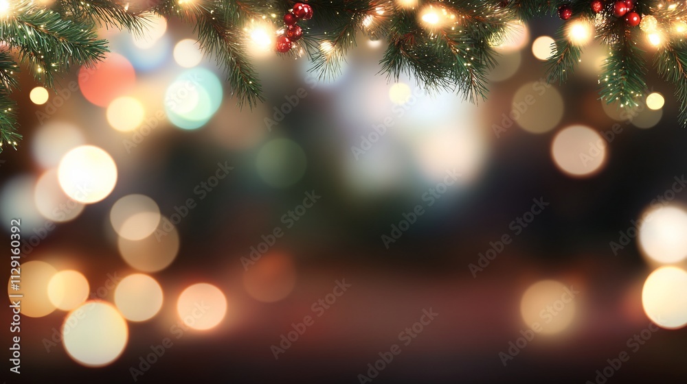 Festive Christmas background with bokeh lights and fir branches. Festive Christmas background with bokeh lights and fir branches.