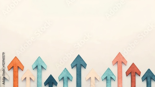 Ascending Arrows: A minimalist design featuring a row of colorful wooden arrows pointing upwards, symbolizing growth, progress, and ambition.   photo