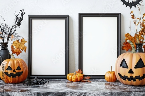 Festive frame mockup set in Halloween-themed decor, perfect for presenting autumn-inspired posters and prints photo