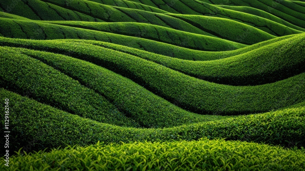 Lush green tea plantation with rolling hills Lush green tea plantation with rolling hills