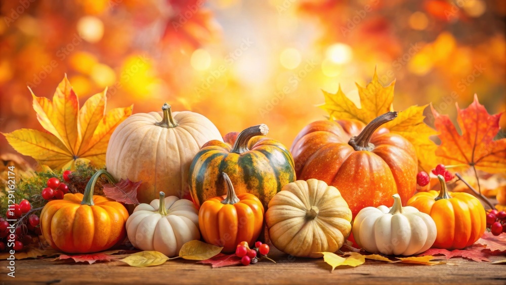 A Collection of Pumpkins Nestled Amongst Vibrant Autumn Leaves and Berries on a Rustic Wooden Surface A Collection of Pumpkins Nestled Amongst Vibrant Autumn Leaves and Berries on a Rustic Wooden Surface