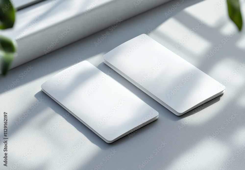 Two blank white cards mockup on grey surface with sunlight shadows and plant. Two blank white cards mockup on grey surface with sunlight shadows and plant.