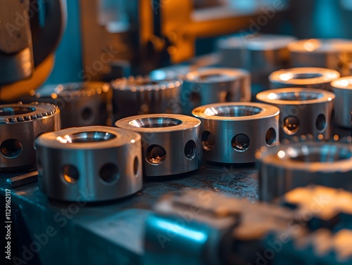 Worker Inspecting Metal Parts in Industrial Setting