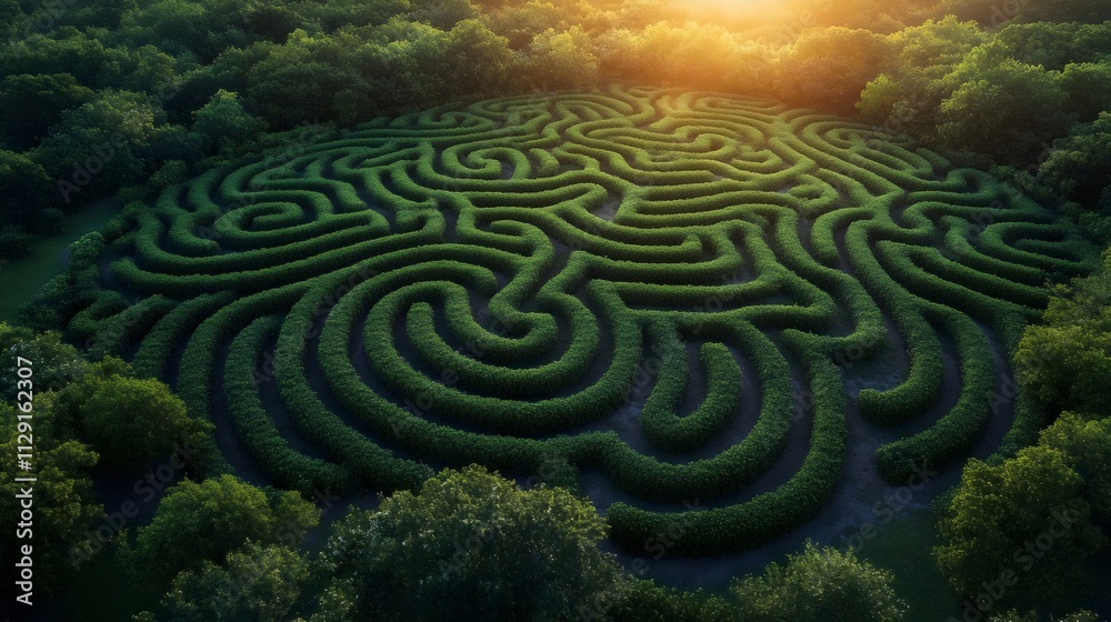 A maze of green grass with a sun shining on it A maze of green grass with a sun shining on it