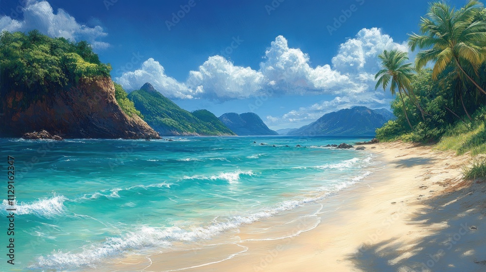 A pristine tropical beach with soft white sand, surrounded by tall palm trees gently swaying in the breeze, crystal-clear turquoise water meeting a vibrant blue sky, small waves lapping at the shore A pristine tropical beach with soft white sand, surrounded by tall palm trees gently swaying in the breeze, crystal-clear turquoise water meeting a vibrant blue sky, small waves lapping at the shore