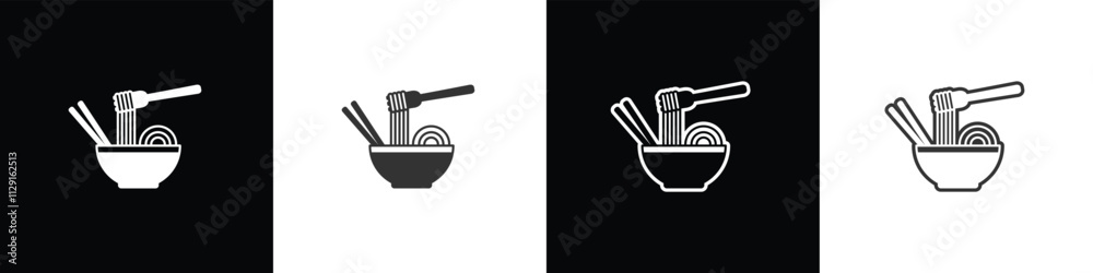 Simple vector bowl of noodles icon. Instant noodle vector graphic. Collection of flat and linear style noodle symbols on black, white and transparent backgrounds.