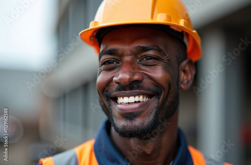 Portrait of african american worker in hardhat smiling at camera