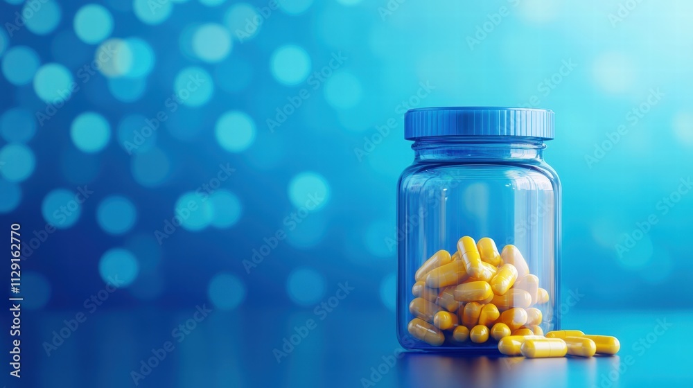 Bright yellow capsules in a glass jar against a blue backdrop Bright yellow capsules in a glass jar against a blue backdrop