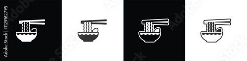 Noodle bowl and chopsticks icon in simple vector shape. Instant noodle vector graphic. Collection of flat and linear style noodle symbols on black, white and transparent backgrounds.