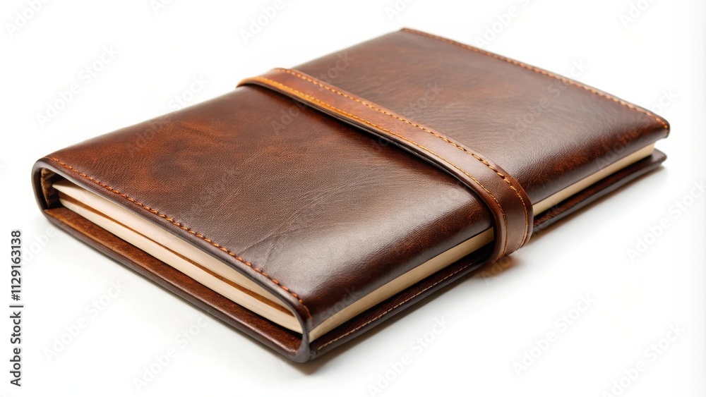 Brown leather bound journal with a strap closure and a simple design, ready to hold your secrets and stories Brown leather bound journal with a strap closure and a simple design, ready to hold your secrets and stories