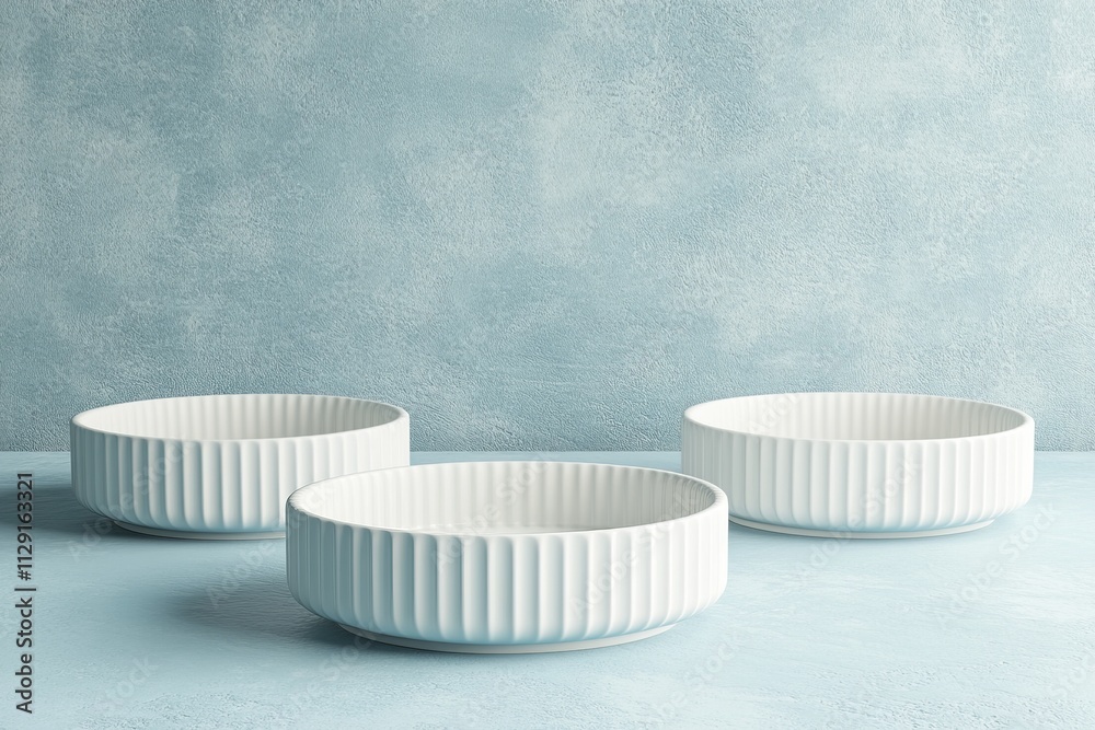 Three white bowls on a blue background. Three white bowls on a blue background.