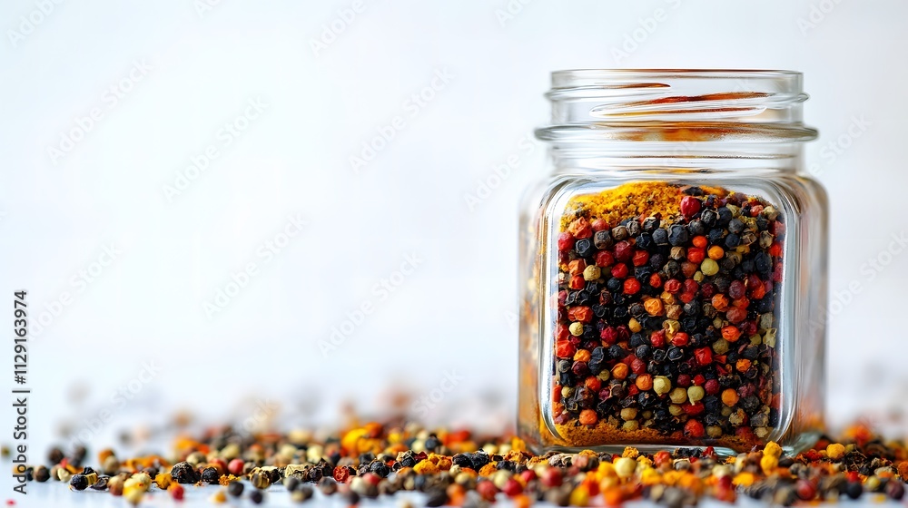 Colorful variety of spices in a glass jar with a scattering of peppercorns and seasoning on a bright background for cooking and culinary use. Colorful variety of spices in a glass jar with a scattering of peppercorns and seasoning on a bright background for cooking and culinary use.