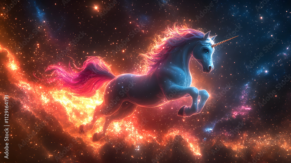 A vibrant and magical cartoon-style illustration of a unicorn flying through a galaxy, with sparkling stars and nebulae, and a trail of glittering dust following its every move.