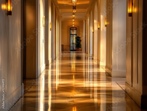 elegant hallway with warm lighting and reflections