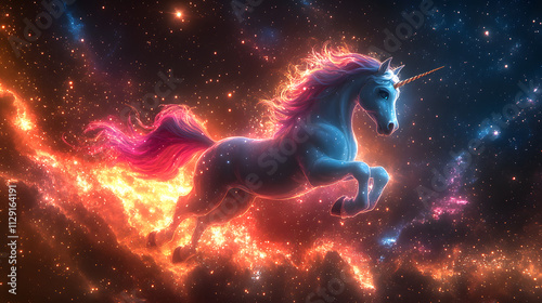 Obraz na płótnie A vibrant and magical cartoon-style illustration of a unicorn flying through a galaxy, with sparkling stars and nebulae, and a trail of glittering dust following its every move. w salonie
