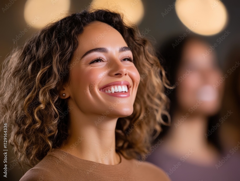 A joyful woman with curly hair smiles brightly, exuding positivity and warmth in a softly lit environment. A joyful woman with curly hair smiles brightly, exuding positivity and warmth in a softly lit environment.