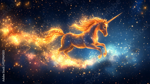 Obraz na płótnie A vibrant and magical cartoon-style illustration of a unicorn flying through a galaxy, with sparkling stars and nebulae, and a trail of glittering dust following its every move. w salonie