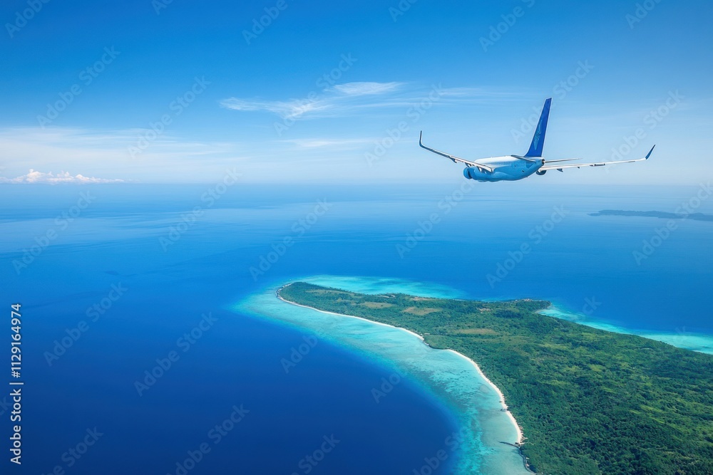 Naklejka premium Airplane flying over a turquoise ocean with a tropical island and lush green mountains under a bright blue sky and scattered clouds