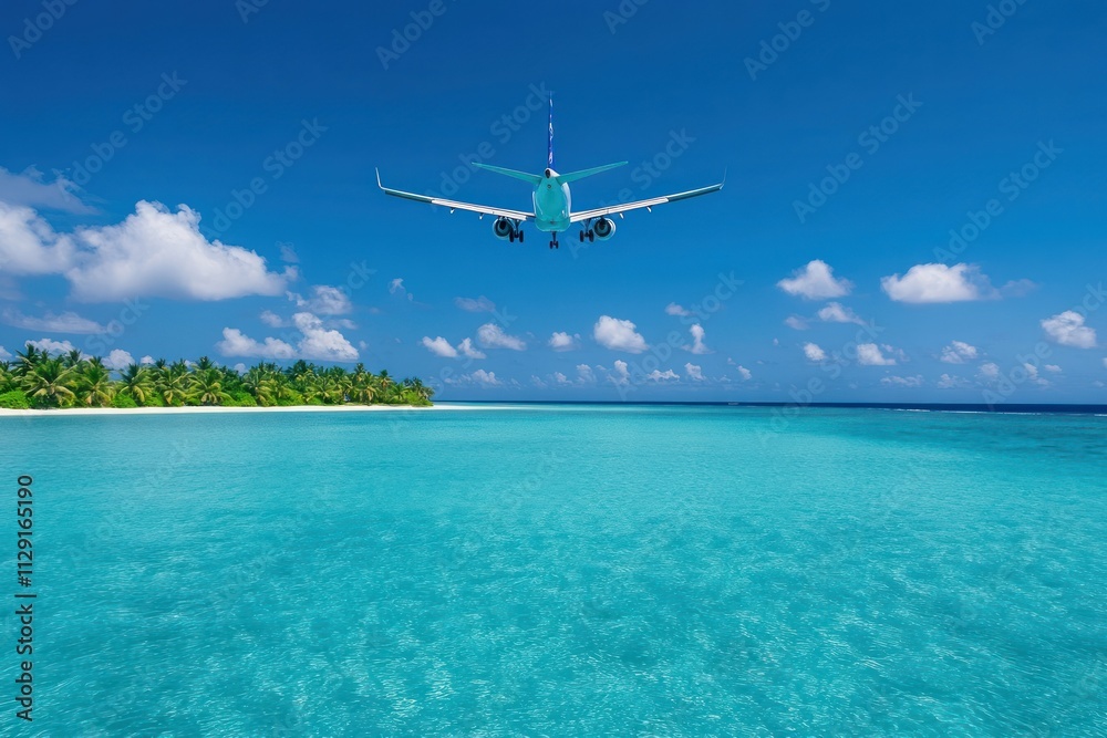 Naklejka premium Airplane flying over a turquoise ocean with a tropical island and lush green mountains under a bright blue sky and scattered clouds