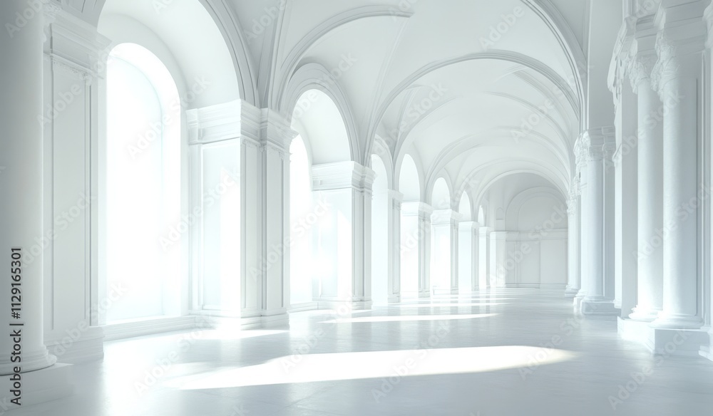 Sunlit white classical hallway with arched windows and columns. Sunlit white classical hallway with arched windows and columns.