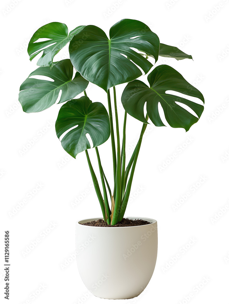 PNG cut out isolated background. A hyper-realistic image of a Monstera plant with lush, glossy green leaves featuring distinctive natural splits and holes. PNG cut out isolated background. A hyper-realistic image of a Monstera plant with lush, glossy green leaves featuring distinctive natural splits and holes.