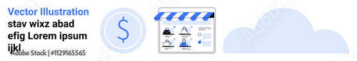 Online storefront under striped awning with various product icons, surrounded by a dollar sign, and cloud on the right. Ideal for e-commerce, online business, digital marketing, web development