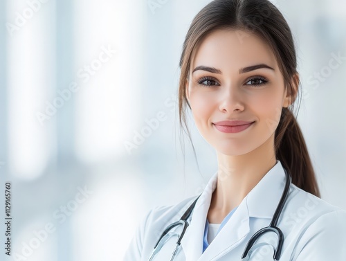 A smiling female doctor in a white coat with a stethoscope, exuding professionalism and warmth in a bright medical setting.