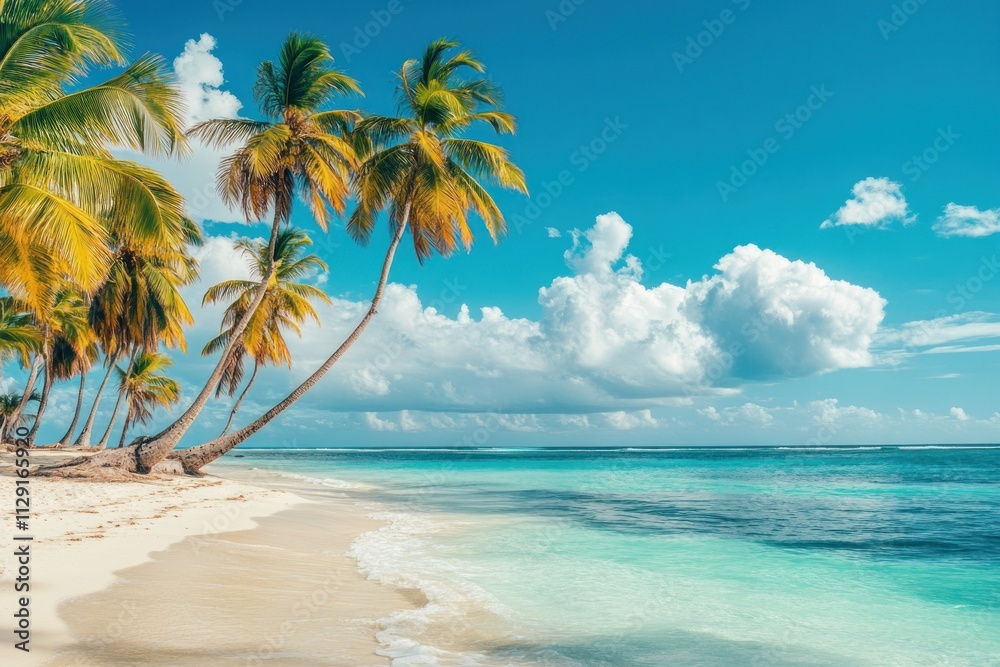 Tropical island with lush palm trees surrounded by crystal clear turquoise water under a bright blue sky Tropical island with lush palm trees surrounded by crystal clear turquoise water under a bright blue sky