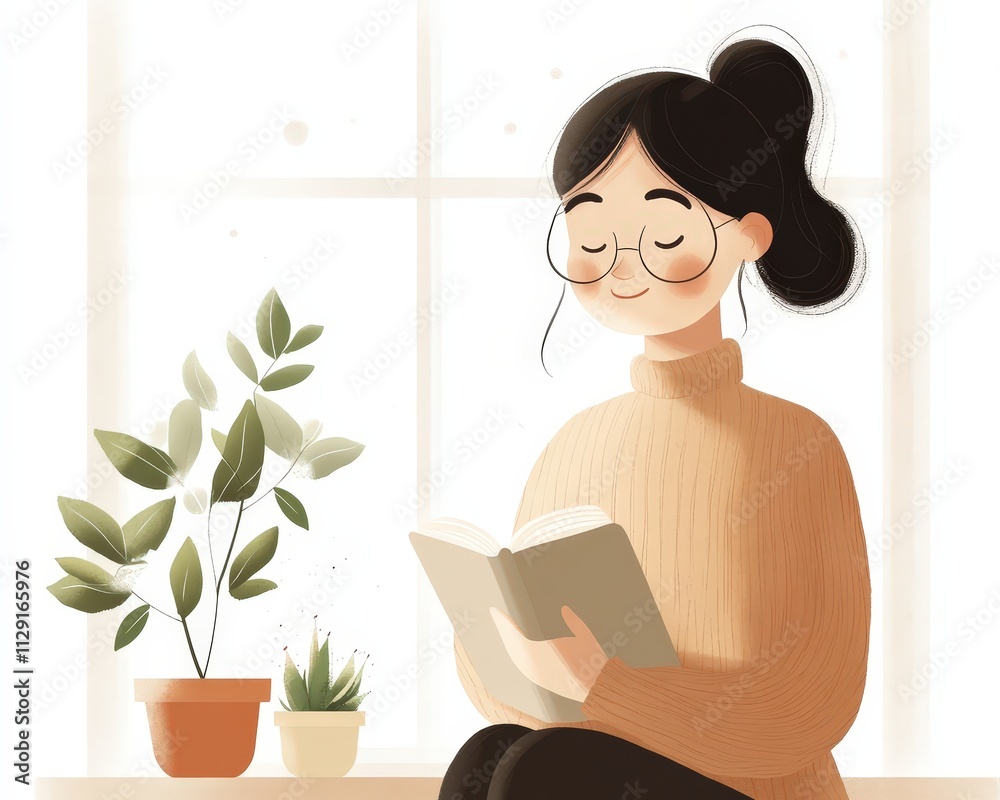 A cozy illustration of a woman reading a book by the window, surrounded by plants, radiating a warm and peaceful atmosphere. A cozy illustration of a woman reading a book by the window, surrounded by plants, radiating a warm and peaceful atmosphere.