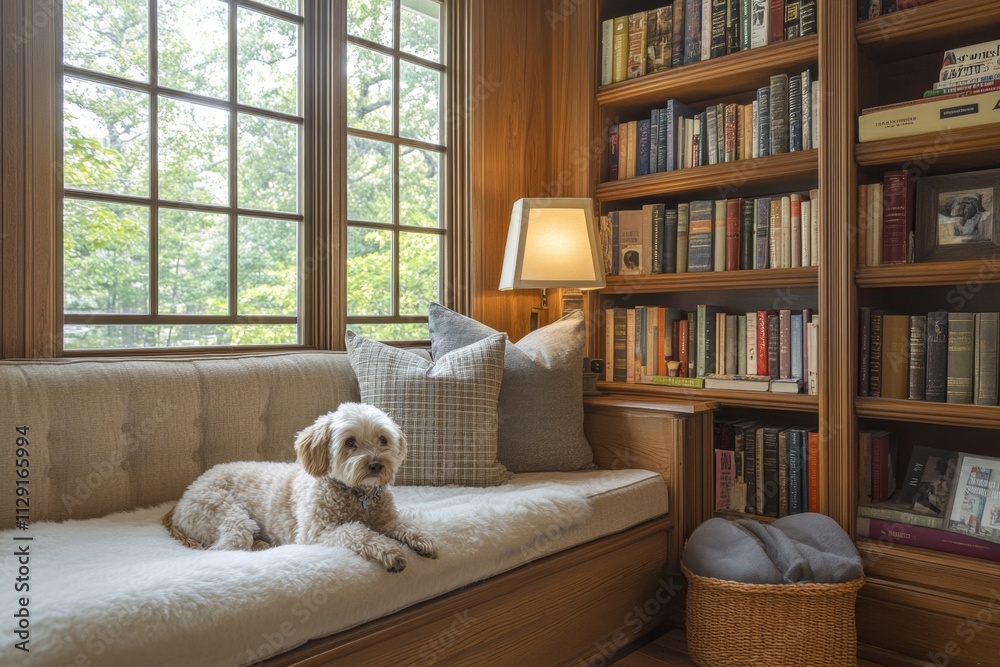 Cozy Home Library with a Relaxed Dog on a Window Seat Surrounded by Books and Natural Light Cozy Home Library with a Relaxed Dog on a Window Seat Surrounded by Books and Natural Light
