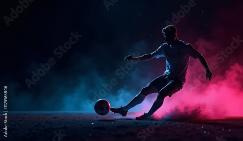 On a pitch, a soccer player kicks a ball while smoke fills the air.