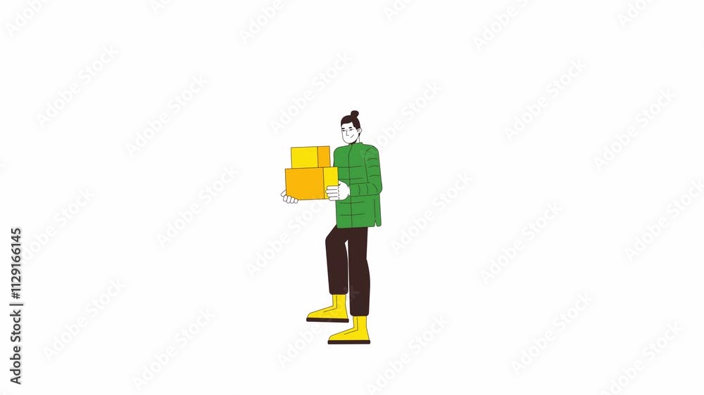 Winterwear chinese man carrying cardboard boxes 2D character animation. Courier cartoon 4K video, alpha channel. Smiling asian guy in winter outerwear moving out animated person on white background Winterwear chinese man carrying cardboard boxes 2D character animation. Courier cartoon 4K video, alpha channel. Smiling asian guy in winter outerwear moving out animated person on white background