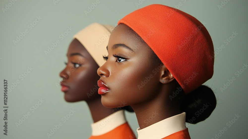 Stylish Black Women in Retro Orange Hats Portrait Stylish Black Women in Retro Orange Hats Portrait