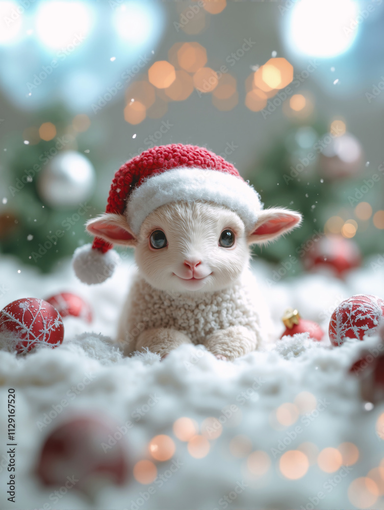 Obraz premium Cute baby lamb in festive Christmas setting with red ornaments and bokeh lights. Little sheep puppet toy in snow. Lamb of god. Symbol of Jesus Christ.