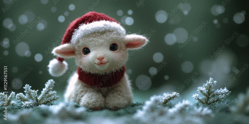 Obraz premium Cute baby lamb in Santa hat with snowy green background with copy space for text. Little sheep puppet toy. Christmas and New Year's day banner, poster.