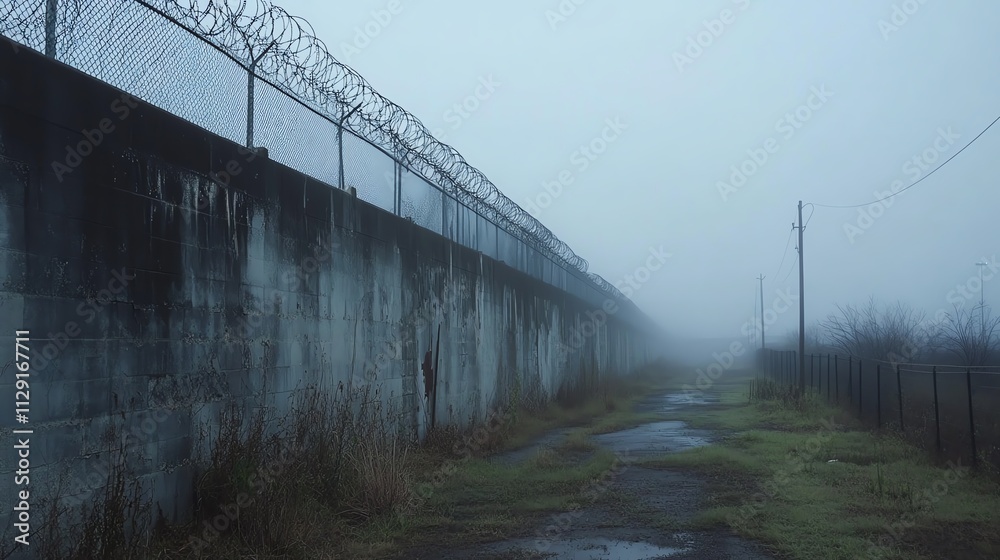 Foggy Road Beside a High Security Wall Foggy Road Beside a High Security Wall