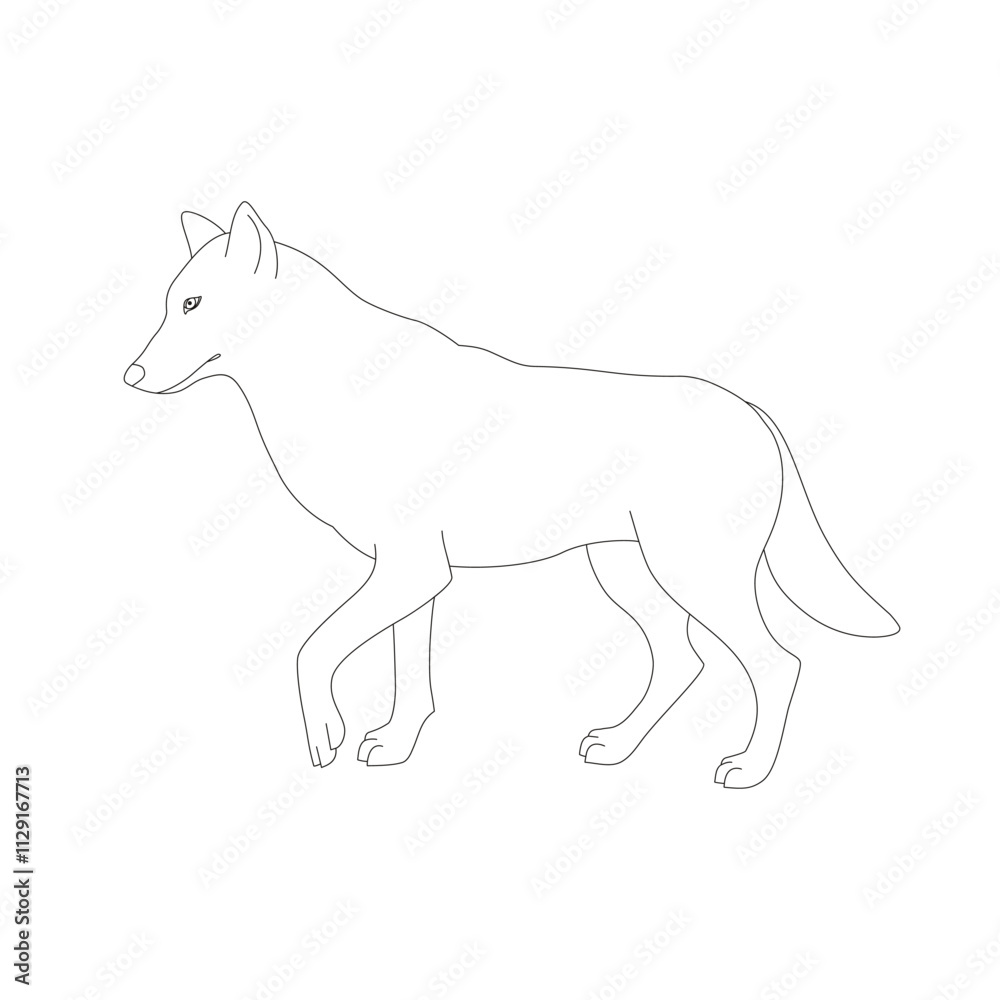 Isolated black outline cartoon standing wolf on white background. Side view line wolf. Curve lines. Page of coloring book