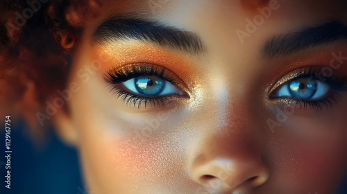 A woman with blue eyes and orange eye shadow