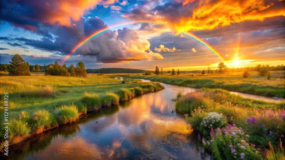 A vibrant rainbow arches over a tranquil river flowing through a sun-drenched meadow, reflecting the breathtaking colors of a dramatic sunset in the sky A vibrant rainbow arches over a tranquil river flowing through a sun-drenched meadow, reflecting the breathtaking colors of a dramatic sunset in the sky