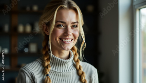 Young beautiful northern woman posing in a warm sweater photo