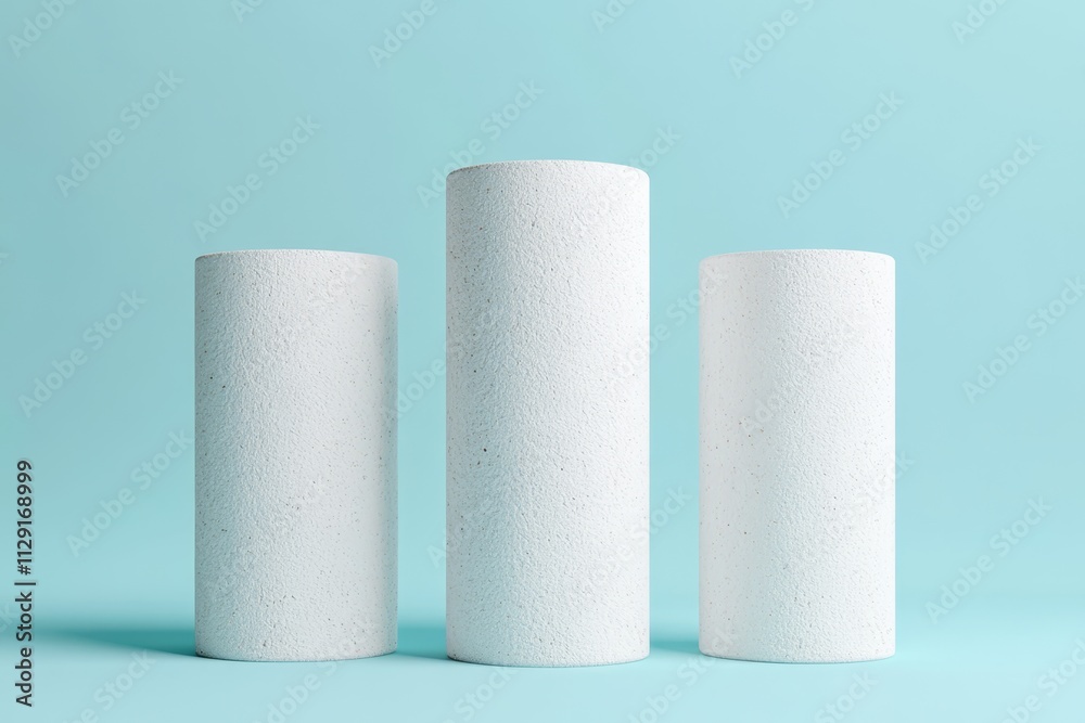 Three white cylindrical podiums on a light blue background. (3) Three white cylindrical podiums on a light blue background. (3)