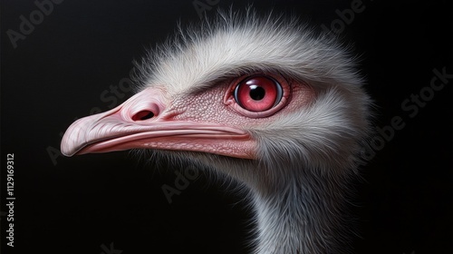 Close-up profile of a white ostrich head, showcasing its detailed feathers, beak, and intense red eye against a black background. photo