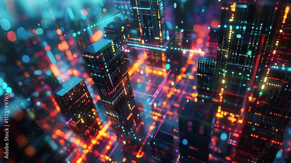 Obraz premium Neon Digital Cityscape: A Futuristic Metropolis of Light and Data
